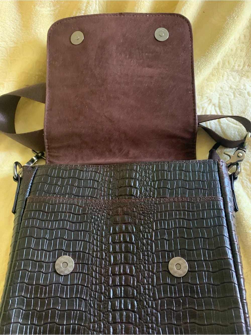 Brown Croc-Embossed Leather Crossbody Bag